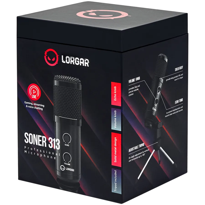 LORGAR Soner 313, Gaming Microphones, Black, USB condenser microphone with Volume Knob & Echo Kob, including 1x Microphone, 1 x 