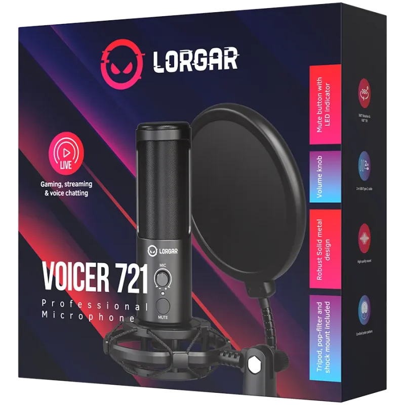 LORGAR Voicer 721, Gaming Microphone, Black, USB condenser microphone with tripod stand, pop filter, including 1 microphone, 1 H
