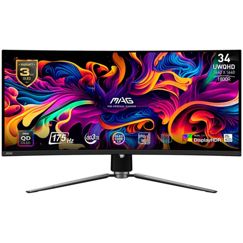 MSI MAG 341CQP QD-OLED Curved Gaming Monitor, 34" 175Hz, UWQHD (3440x1440) 21:9, QD-OLED, 1800R, 0.03ms, 250nits, 1500000:1, 178