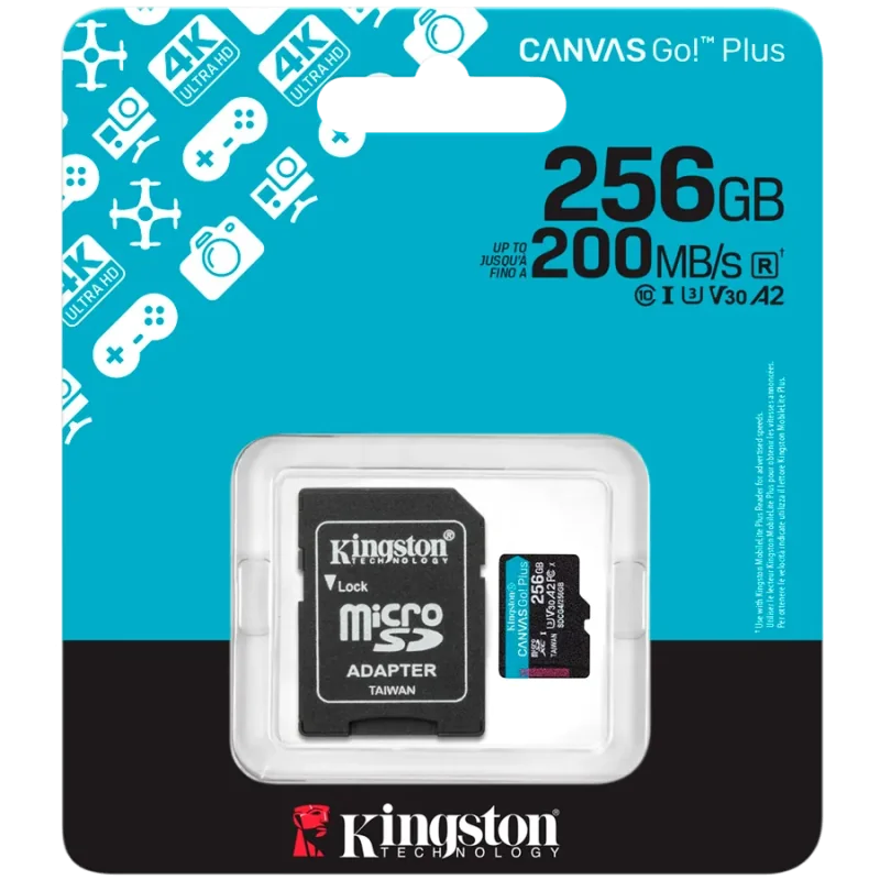 Kingston 256GB microSDXC Canvas Go Plus Gen4 200MB/s A2 U3 V30 Card + Adapter - 1