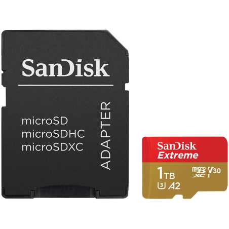 SANDISK Extreme microSDXC 1TB + SD Adapter + 1 year RescuePRO Deluxe up to 190MB/s & 130MB/s Read/Write speeds A2 C10 V30 UHS-I 
