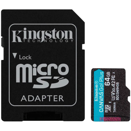 Kingston 64GB microSDXC Canvas Go Plus Gen4 200MB/s A2 U3 V30 Card + Adapter - 1