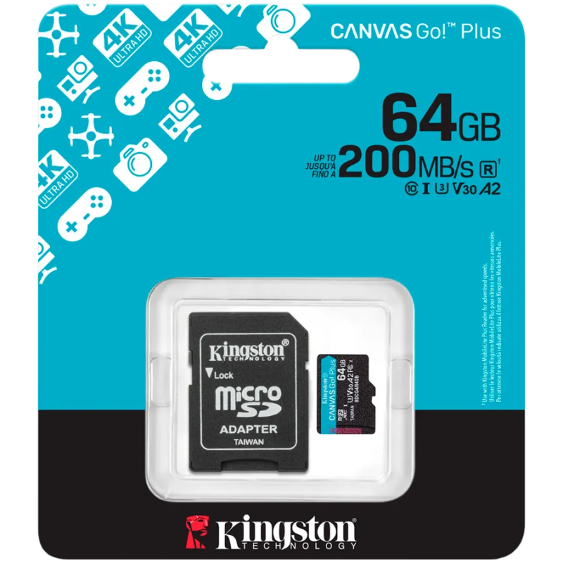 Kingston 64GB microSDXC Canvas Go Plus Gen4 200MB/s A2 U3 V30 Card + Adapter - 1
