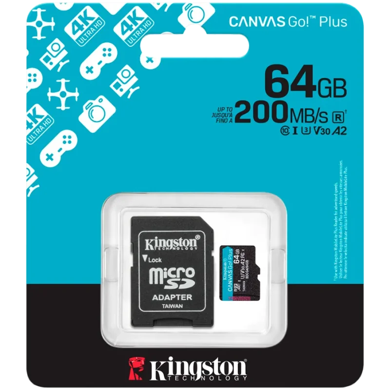Kingston 64GB microSDXC Canvas Go Plus Gen4 200MB/s A2 U3 V30 Card + Adapter - 1