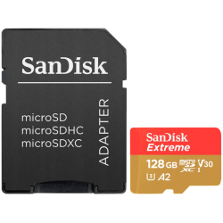 SANDISK Extreme microSDXC 128GB + SD Adapter + 1 year RescuePRO Deluxe up to 190MB/s & 90MB/s Read/Write speeds A2 C10 V30 UHS-I