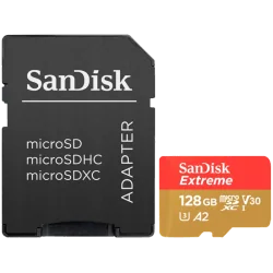 SANDISK Extreme microSDXC 128GB + SD Adapter + 1 year RescuePRO Deluxe up to 190MB/s & 90MB/s Read/Write speeds A2 C10 V30 UHS-I