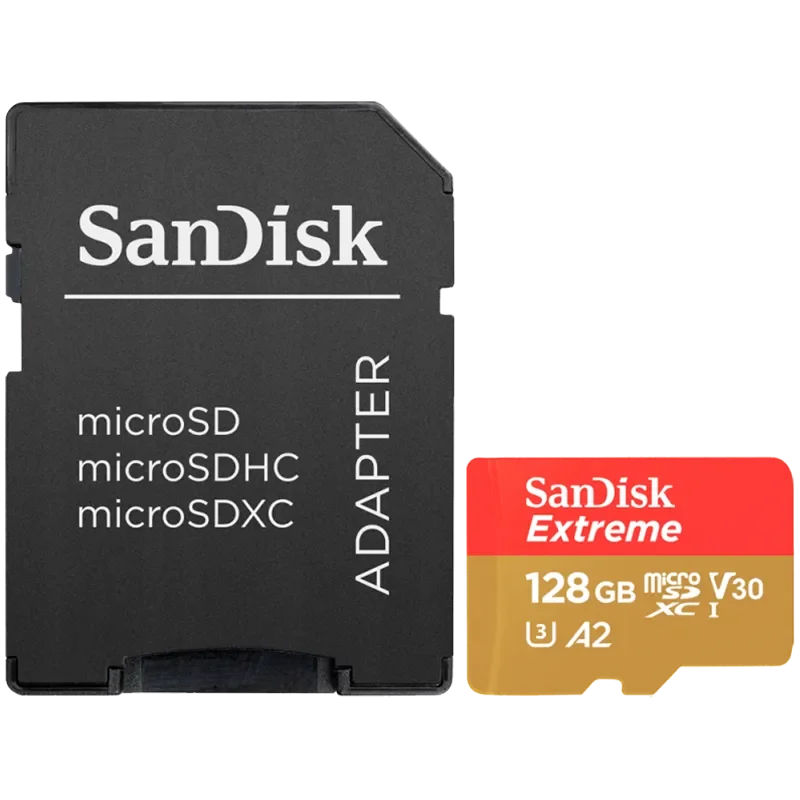 SANDISK Extreme microSDXC 128GB + SD Adapter + 1 year RescuePRO Deluxe up to 190MB/s & 90MB/s Read/Write speeds A2 C10 V30 UHS-I