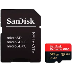 SANDISK Extreme PRO microSDXC 512GB + SD Adapter + 2 years RescuePRO Deluxe up to 200MB/s & 140MB/s Read/Write speeds A2 C10 V30