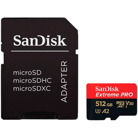 SANDISK Extreme PRO microSDXC 512GB + SD Adapter + 2 years RescuePRO Deluxe up to 200MB/s & 140MB/s Read/Write speeds A2 C10 V30