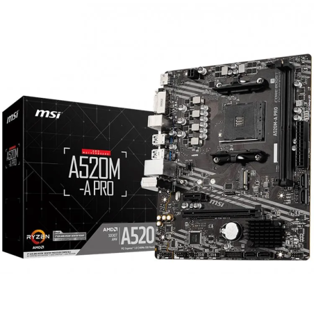 MSI Main Board Desktop A520M-A PRO (A520, AM4, 2xDDR4, 1x PCI-E 3.0 x16 slot,1x M.2 slot,4x USB 3.2 Gen1,2x USB 2.0,1x HDMI,1x D