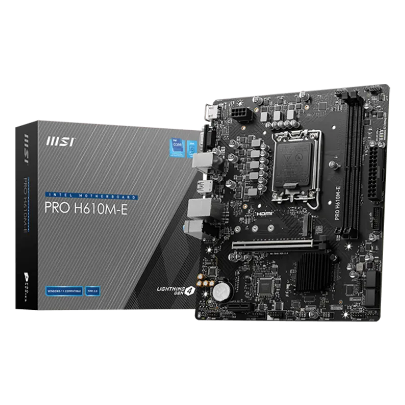 MSI PRO H610M-E, mATX, LGA 1700, Dual Channel DDR5 5600+MHz, 1x PCIe x16 slot, 1x M.2 slot, 1x HDMI, 1x VGA, 2x USB 3.2 Gen 1, 4
