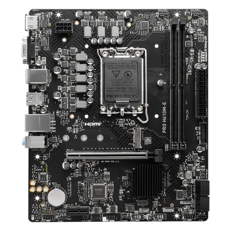 MSI PRO H610M-E, mATX, LGA 1700, Dual Channel DDR5 5600+MHz, 1x PCIe x16 slot, 1x M.2 slot, 1x HDMI, 1x VGA, 2x USB 3.2 Gen 1, 4