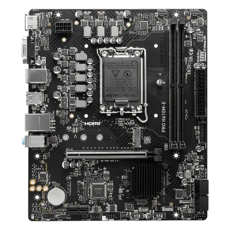 MSI PRO H610M-E, mATX, LGA 1700, Dual Channel DDR5 5600+MHz, 1x PCIe x16 slot, 1x M.2 slot, 1x HDMI, 1x VGA, 2x USB 3.2 Gen 1, 4