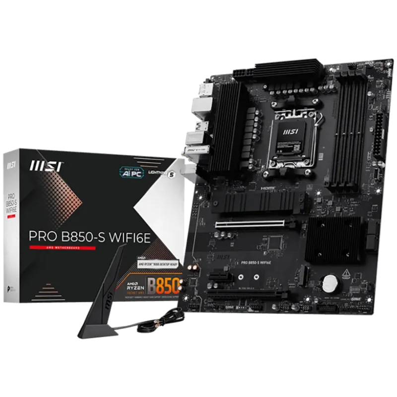 MSI PRO B850-S WIFI6E, ATX, Socket AM5, 4x DDR5 Dual Channel up to 8200(OC)MHz, 2x PCIe x16 slot, 2x M.2 slot, 4x USB 5Gbps, 3x 