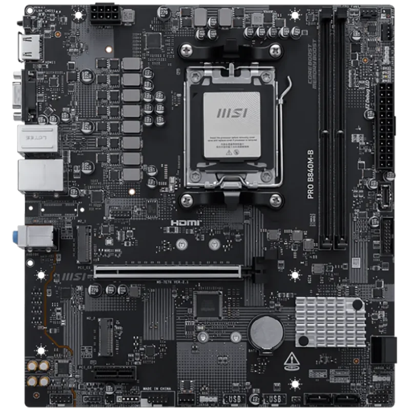 MSI PRO B840M-B, mATX, Socket AM5, 2x DDR5 Dual Channel DDR5 up to 8000(OC)MHz, 1x PCIe x16 slot, 2x M.2 slot, 2x USB 2.0, 4x US