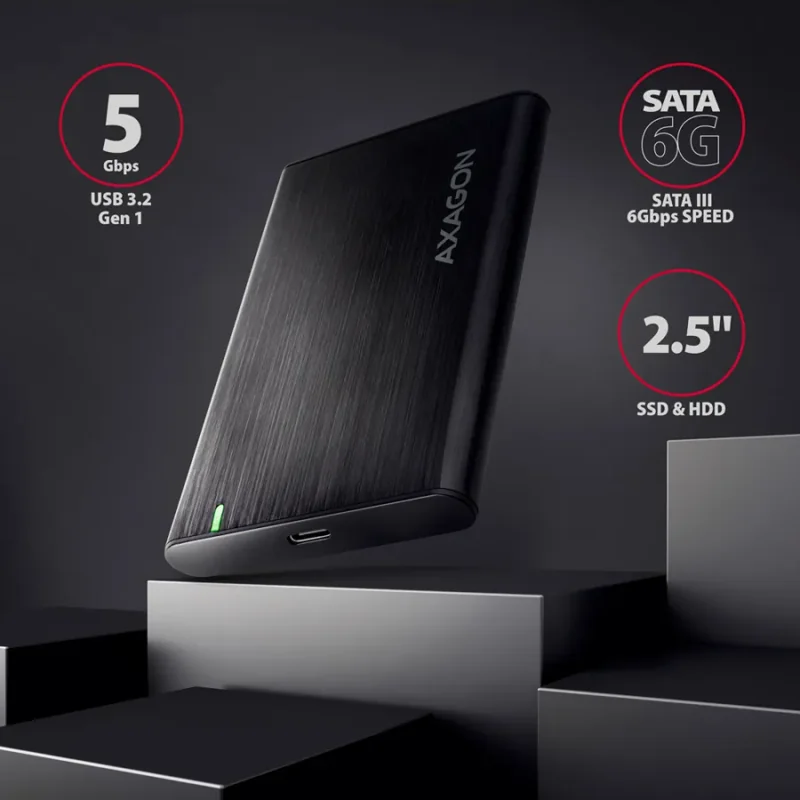 AXAGON EE25-A6C USB-C 3.2 Gen 1 - SATA 6G 2.5" External SCREWLESS ALU RAW box BLACK - 1