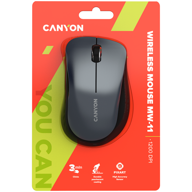 CANYON MW-11, 2.4 GHz Wireless mouse,with 3 buttons, DPI 1200, Battery:AAA*2pcs,Black,67*109*38mm,0.063kg - 1