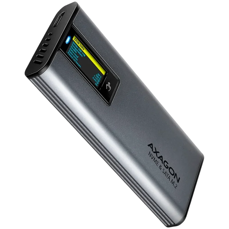 AXAGON EEM2-SD2 USB-C 3.2 Gen 2 - M.2 NVMe / SATA SSD 30-80mm ALU box grey, LCD display - 1