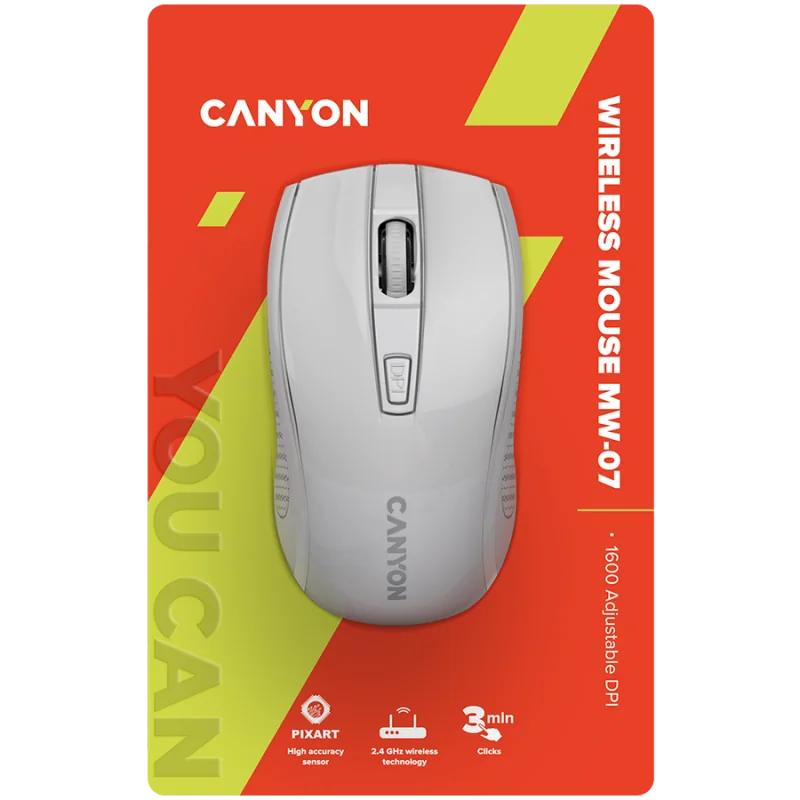 CANYON MW-7, 2.4Ghz wireless mouse, 6 buttons, DPI 800/1200/1600, with 1 AA battery ,size 110*60*37mm,58g,white - 1