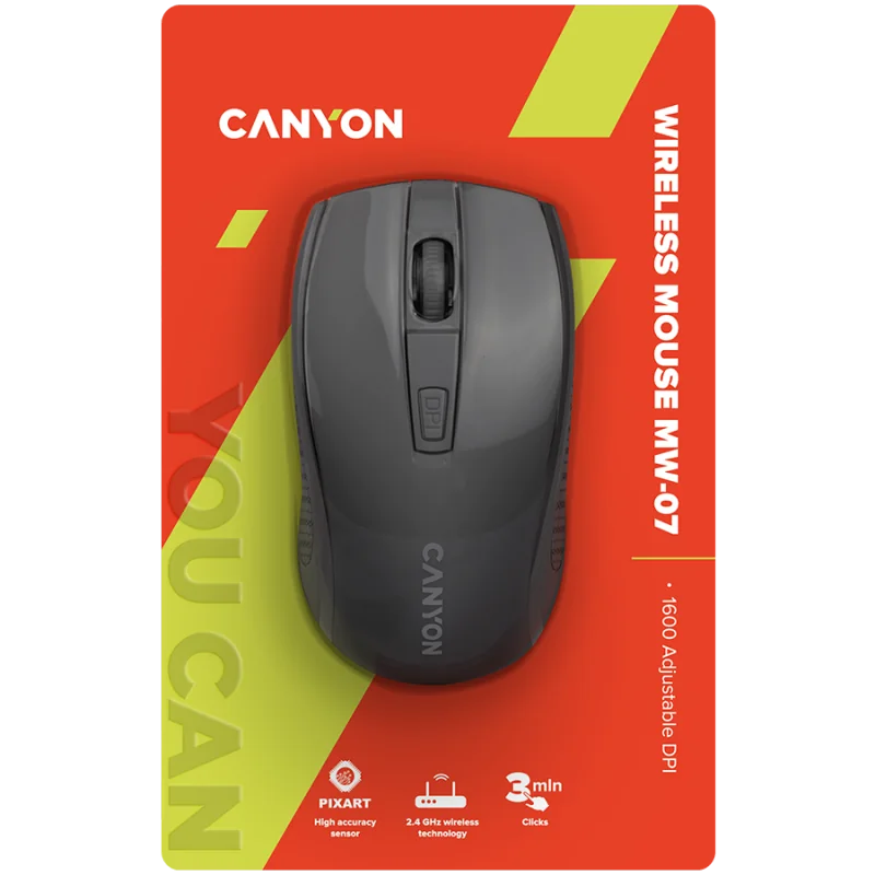 CANYON MW-7, 2.4Ghz wireless mouse, 6 buttons, DPI 800/1200/1600, with 1 AA battery ,size 110*60*37mm,58g,black - 1