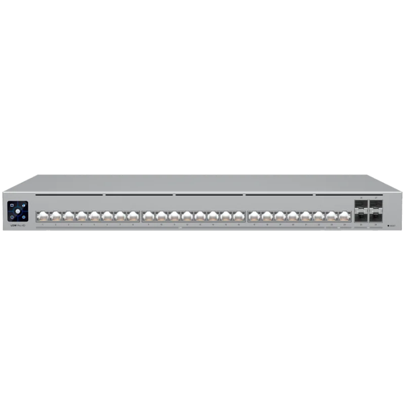 Ubiquiti Layer 3 Etherlighting switch USW-PRO-HD-24-EU, (22) 2.5 GbE, (2) 10 GbE ports, (4) 10G SFP+ ports. DC power backup read