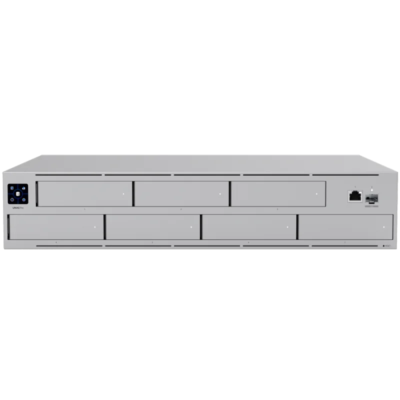 Ubiquiti UNAS-Pro-EU 2U rack-mount NAS with (7) 2.5/3.5" drive bays and 10 Gbps performance designed for large-scale file storag