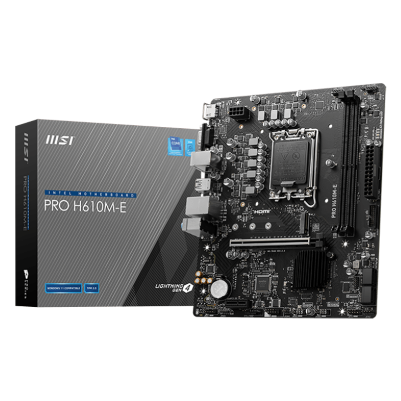 MSI PRO H610M-E, mATX, LGA 1700, Dual Channel DDR5 5600+MHz, 1x PCIe x16 slot, 1x M.2 slot, 1x HDMI, 1x VGA, 2x USB 3.2 Gen 1, 4