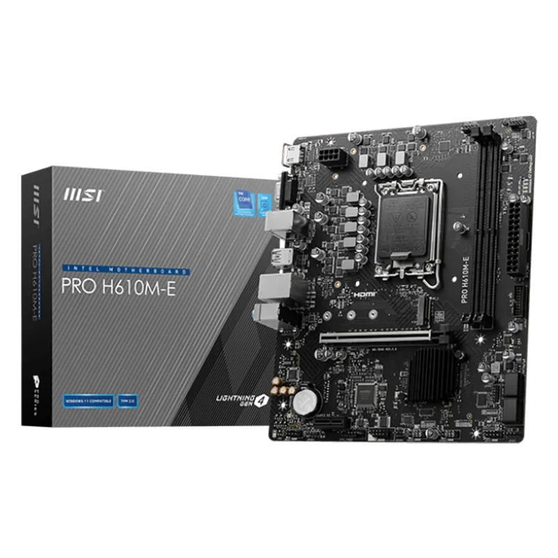 MSI PRO H610M-E, mATX, LGA 1700, Dual Channel DDR5 5600+MHz, 1x PCIe x16 slot, 1x M.2 slot, 1x HDMI, 1x VGA, 2x USB 3.2 Gen 1, 4