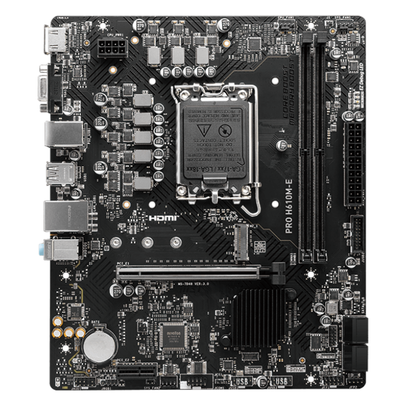 MSI PRO H610M-E, mATX, LGA 1700, Dual Channel DDR5 5600+MHz, 1x PCIe x16 slot, 1x M.2 slot, 1x HDMI, 1x VGA, 2x USB 3.2 Gen 1, 4