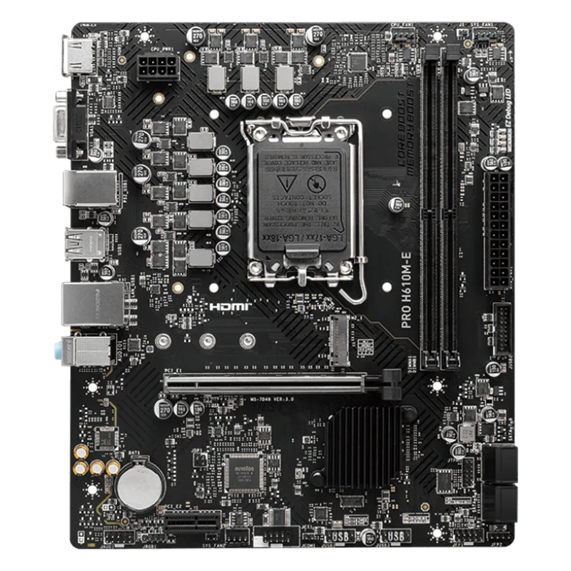 MSI PRO H610M-E, mATX, LGA 1700, Dual Channel DDR5 5600+MHz, 1x PCIe x16 slot, 1x M.2 slot, 1x HDMI, 1x VGA, 2x USB 3.2 Gen 1, 4