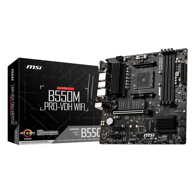 MSI B550M PRO-VDH WIFI,m-ATX,Socket AM4,AMD B550 Chipset,4 DIMMs,Dual Channel DDR4 up to 4400+(OC)MHz,1x PCIe 4.0/3.0 x16 slot,2