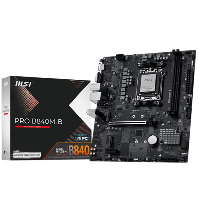 MSI PRO B840M-B, mATX, Socket AM5, 2x DDR5 Dual Channel DDR5 up to 8000(OC)MHz, 1x PCIe x16 slot, 2x M.2 slot, 2x USB 2.0, 4x US