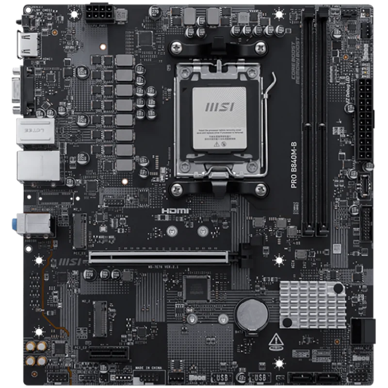 MSI PRO B840M-B, mATX, Socket AM5, 2x DDR5 Dual Channel DDR5 up to 8000(OC)MHz, 1x PCIe x16 slot, 2x M.2 slot, 2x USB 2.0, 4x US