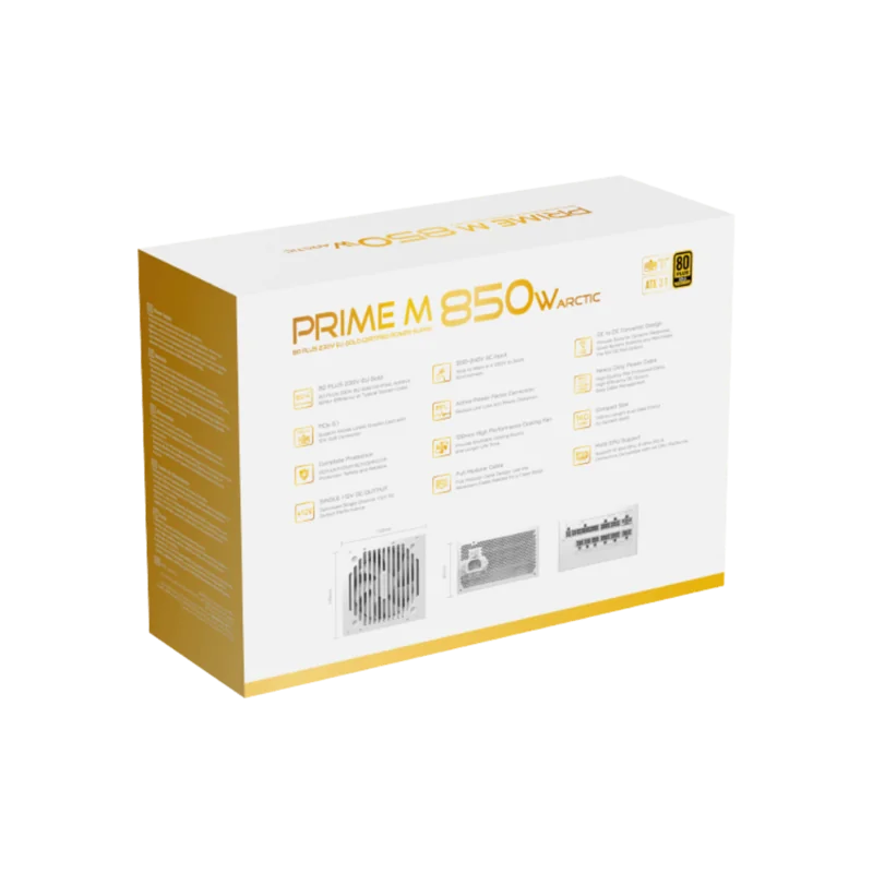 Xigmatek Prime M 850W Arctic (White,80+Gold 230V EU,ATX3.1 & PCI-E 5.1,LLC D2D & APFC,120mm Fan, Full Modular,EU Cord, Color Box