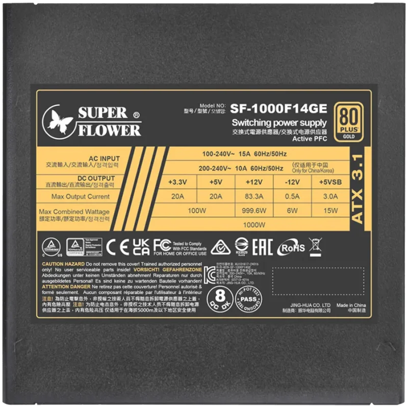 Super Flower Leadex III Gold 1000W ATX 3.1, 80 Plus Gold, Fully Modular, Flat Black Cables, 140mm Fan, 150mmx150mmx86mm, 7 Year 