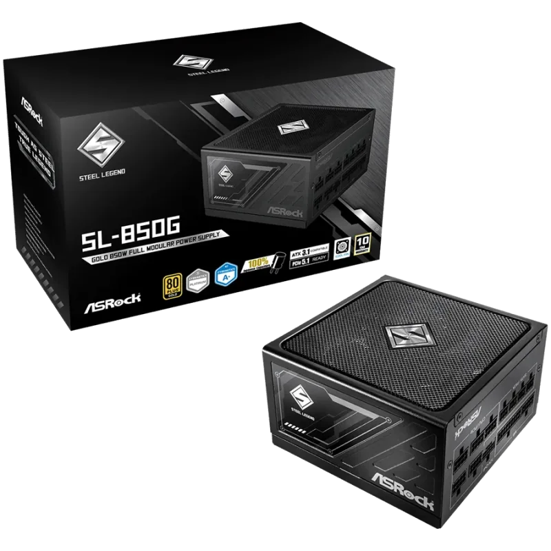 Asrock SL-850G, 850W, 80 Plus GOLD, Fully Modular PSU, Japanese Capacitors, 2x EPS 12V CPU(4+4pin), 1x PCIe5.1 (12+4pin), 3x PCI