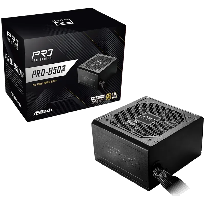 Asrock PRO-850G, 850W, 80 Plus GOLD, Non Modular PSU, 1x EPS 12V CPU(4+4pin), 2x PCIe (6+2pin), 2x 4-pin connectors, 4x SATA, OC