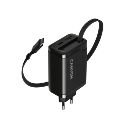 CANYON charger OnCharge 65RC Build-In Cable USB-C 65W 1xPD 1xQC EU Black - 1