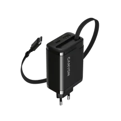 CANYON charger OnCharge 65RC Build-In Cable USB-C 65W 1xPD 1xQC EU Black - 1