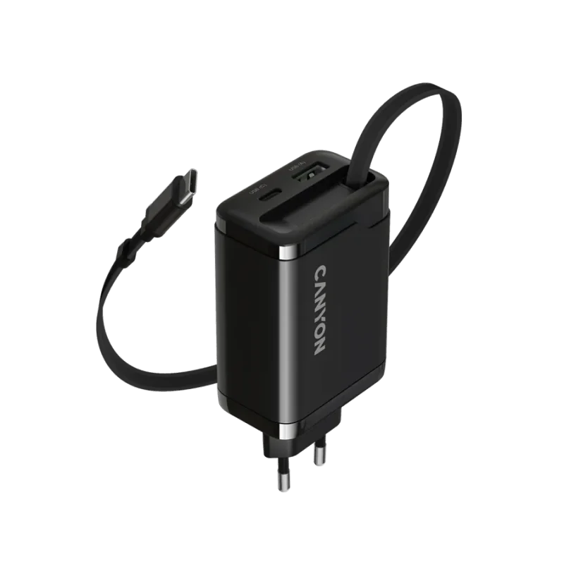 CANYON charger OnCharge 65RC Build-In Cable USB-C 65W 1xPD 1xQC EU Black - 1
