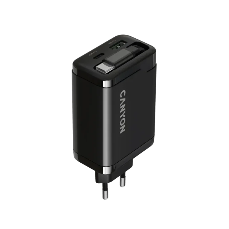 CANYON charger OnCharge 65RC Build-In Cable USB-C 65W 1xPD 1xQC EU Black - 1