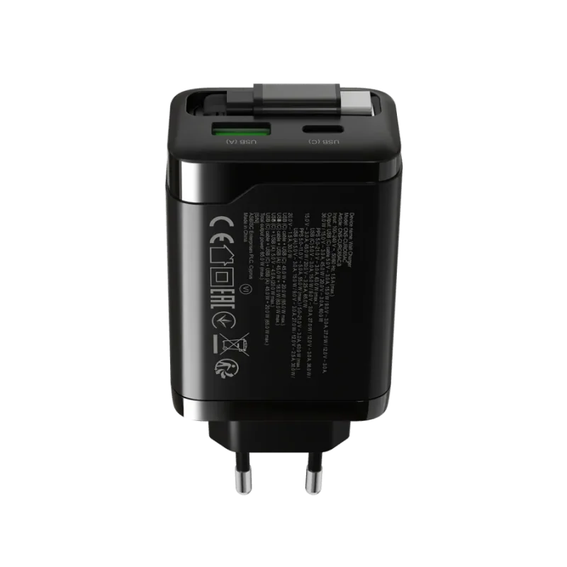 CANYON charger OnCharge 65RC Build-In Cable USB-C 65W 1xPD 1xQC EU Black - 1