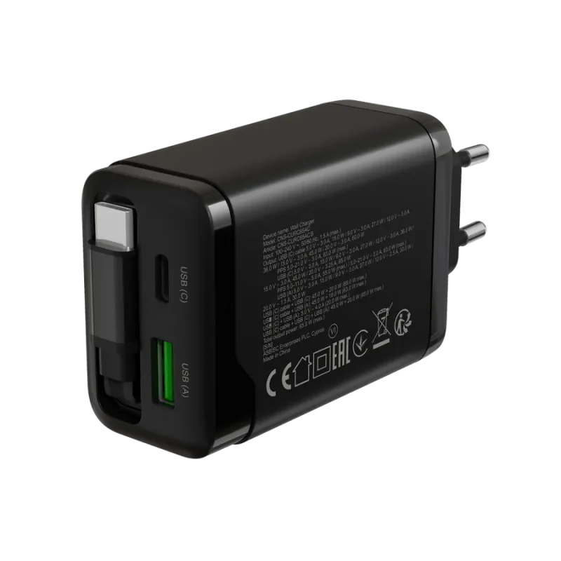 CANYON charger OnCharge 65RC Build-In Cable USB-C 65W 1xPD 1xQC EU Black - 1