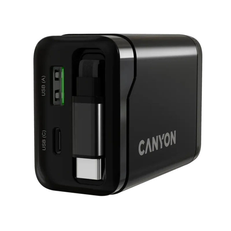 CANYON charger OnCharge 65RC Build-In Cable USB-C 65W 1xPD 1xQC EU Black - 1
