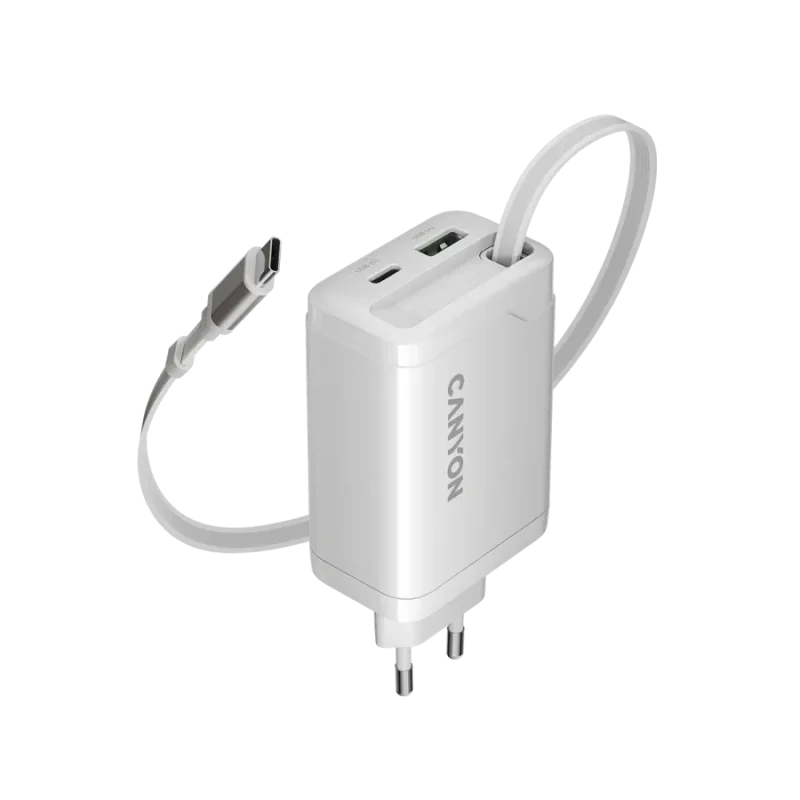 CANYON charger OnCharge 65RC Build-In Cable USB-C 65W 1xPD 1xQC EU White - 1