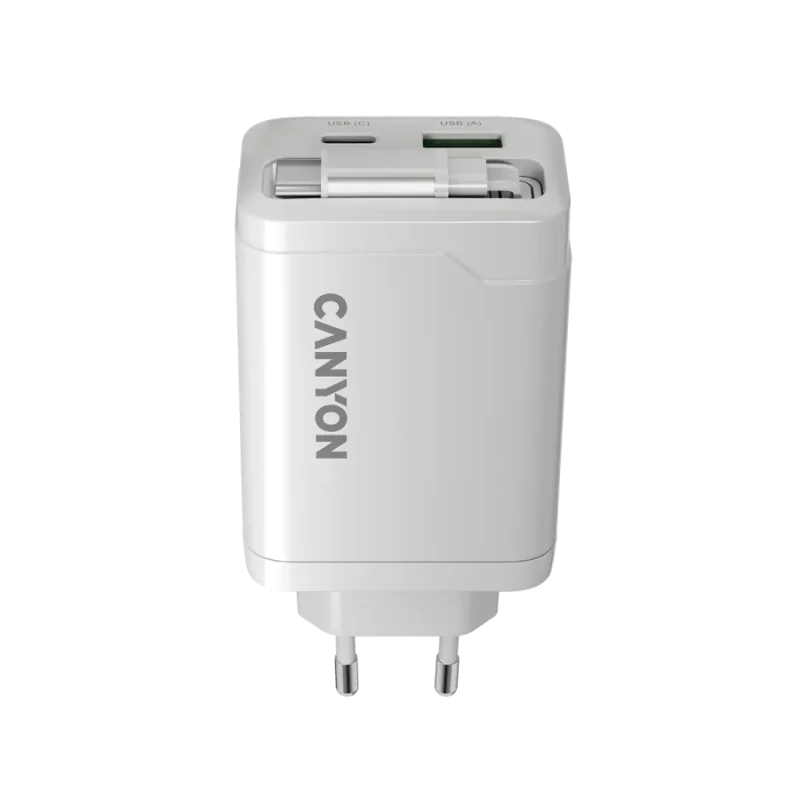 CANYON charger OnCharge 65RC Build-In Cable USB-C 65W 1xPD 1xQC EU White - 1