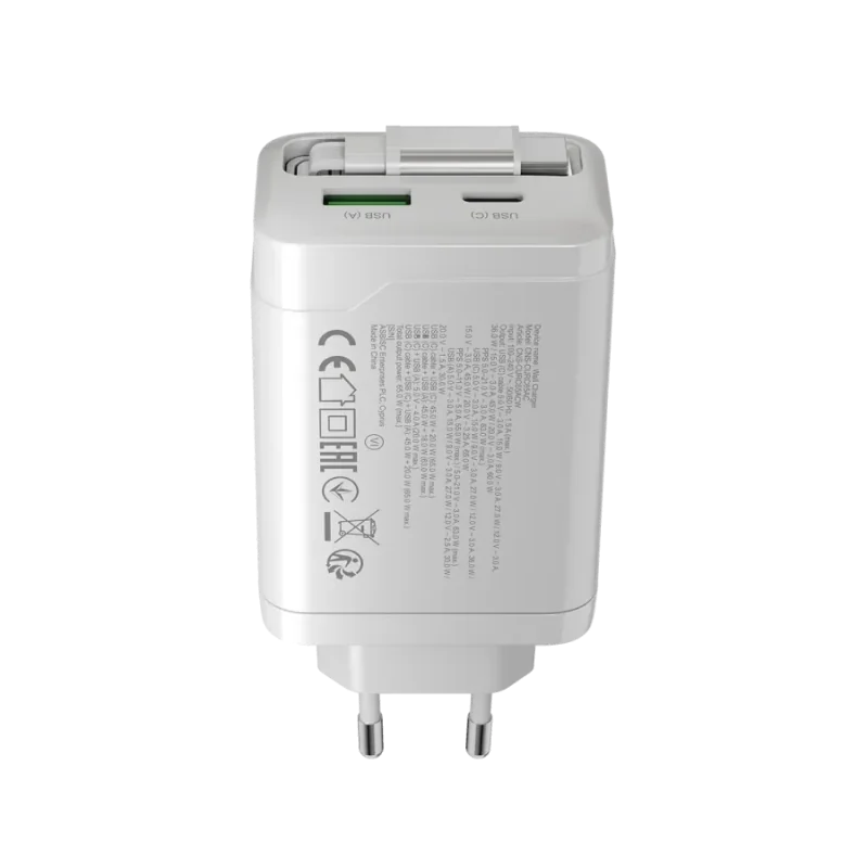 CANYON charger OnCharge 65RC Build-In Cable USB-C 65W 1xPD 1xQC EU White - 1