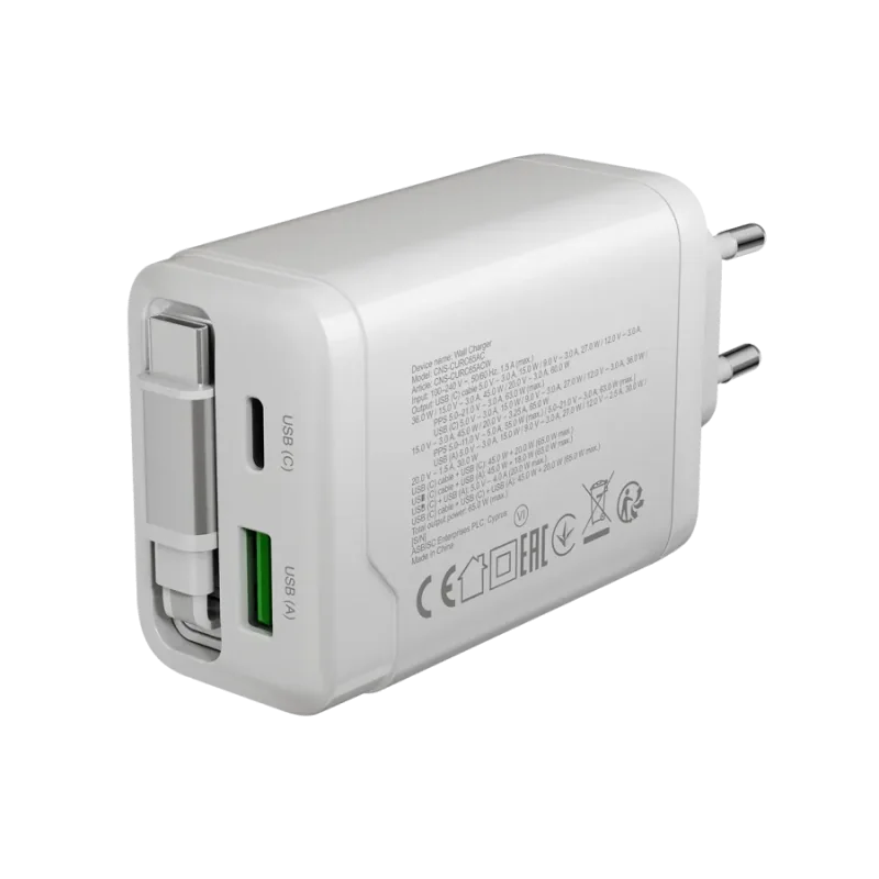 CANYON charger OnCharge 65RC Build-In Cable USB-C 65W 1xPD 1xQC EU White - 1