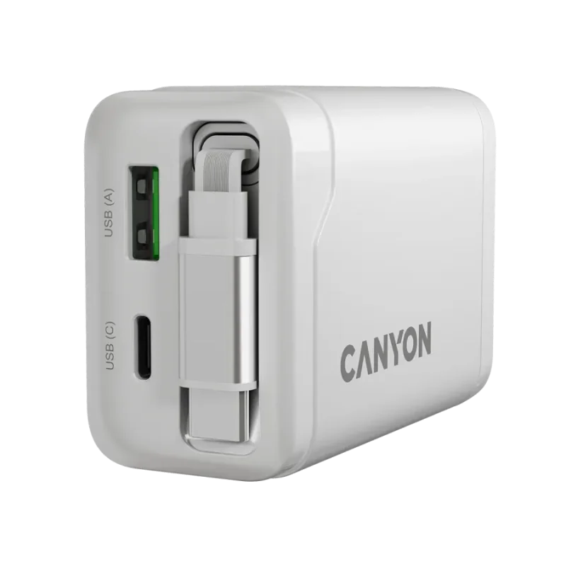 CANYON charger OnCharge 65RC Build-In Cable USB-C 65W 1xPD 1xQC EU White - 1