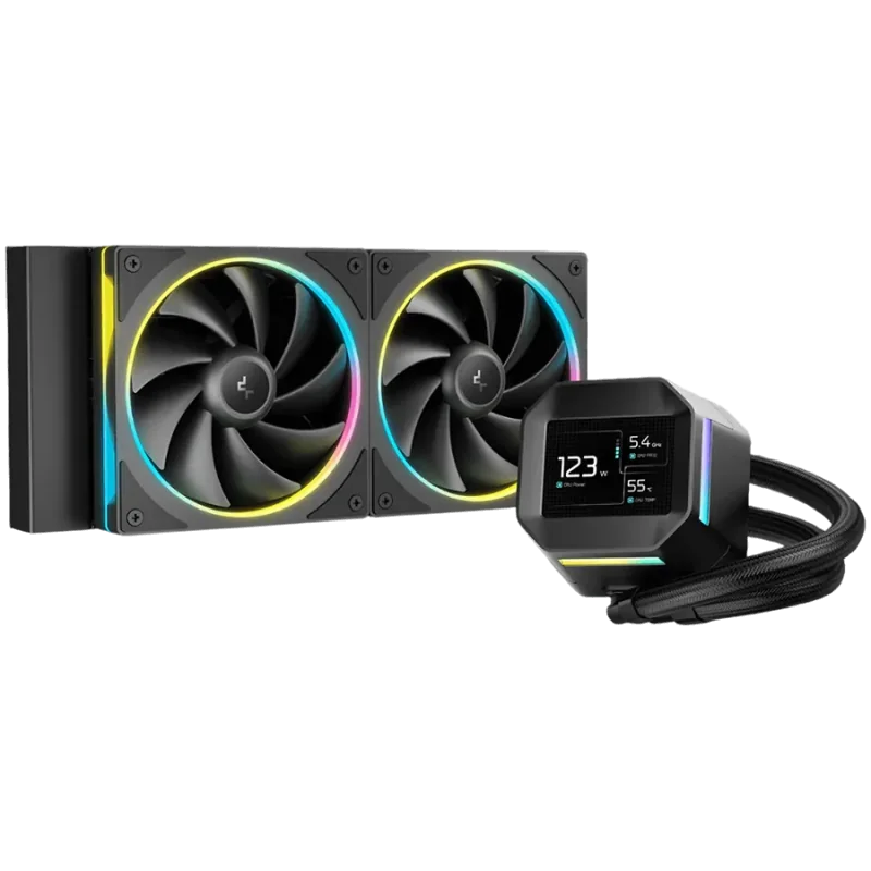 DeepCool LM240, 240mm CPU Liquid Cooler, 2.4" LCD screen, 2x120mm FL12 SE ARGB PWM Fans, Fluid Dynamic Bearing, Black, Intel LGA